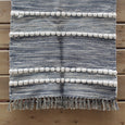 Close up of a striped handwoven blue and white cotton rug 