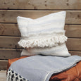 Textured pillow on a wooden backdrop with a matching blanket