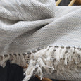 Close up of a soft textured blanket with tassels