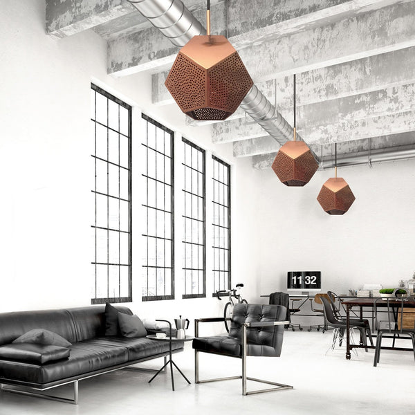 Modern office with copper geometric pendant lights