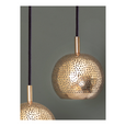 Perforated copper pendant light on a grey background